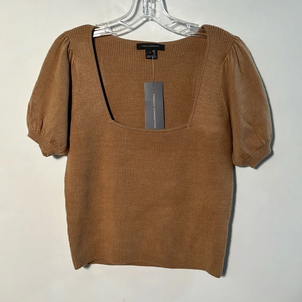 FRENCH CONNECTION NWT Milkmaid Boho Puff SLV SQ. Neck Mix Knit Camel Sweater L